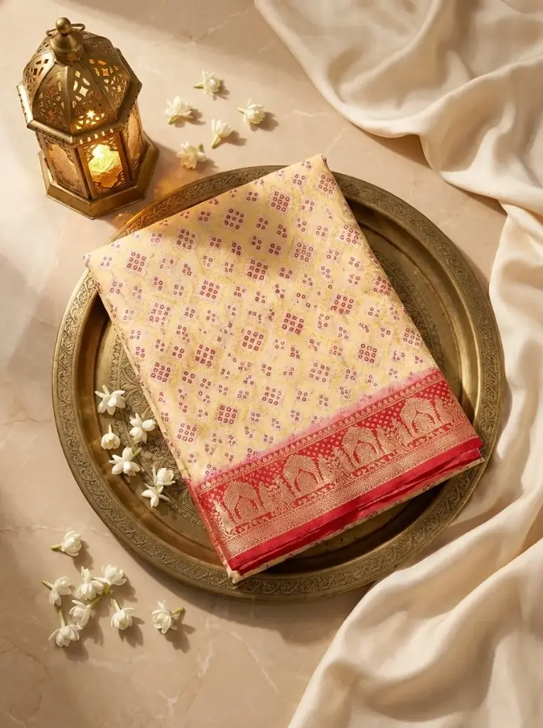 Cream Bandhani Georgette Banarasi Saree With Red Baluchari Border
