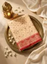 Cream Bandhani Georgette Banarasi Saree With Red Baluchari Border