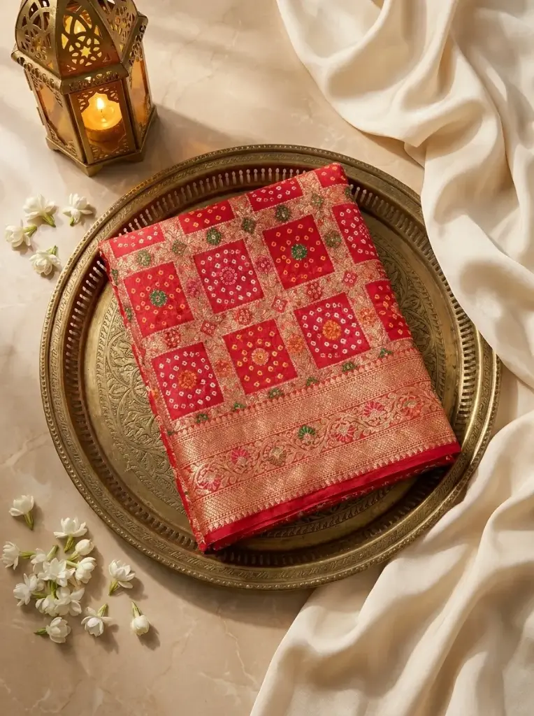 Exquisite Red Banarasi Mina Bandhani Saree with Zari Border