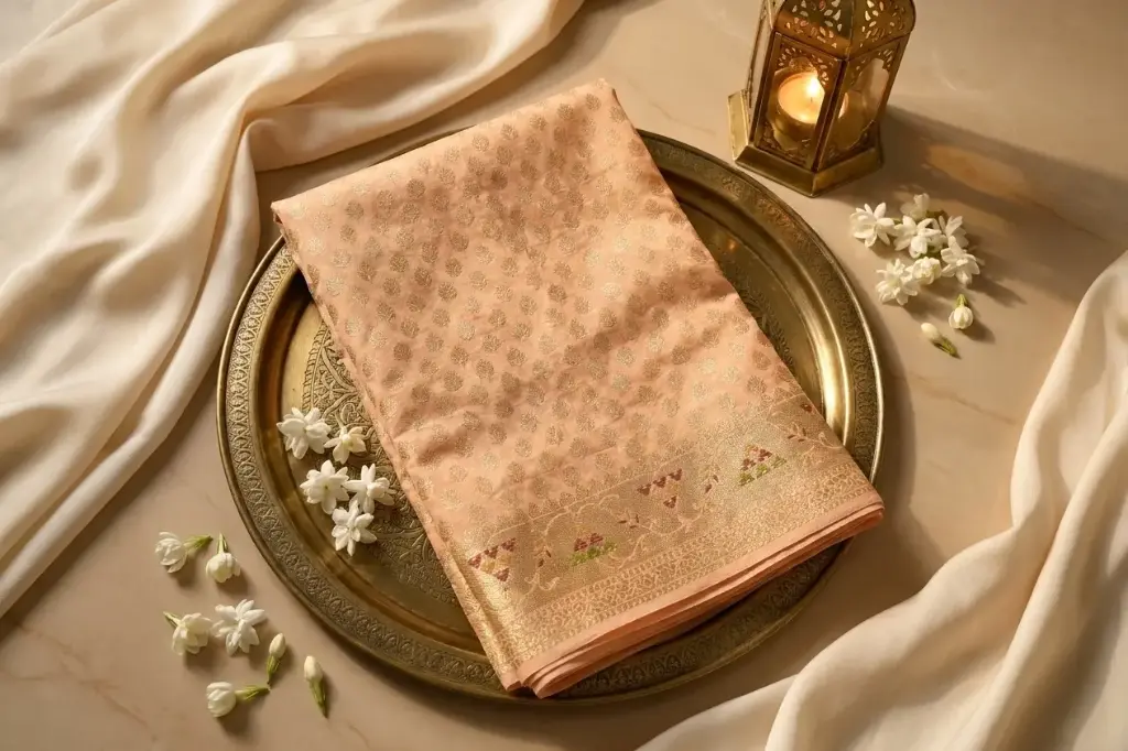 Peach Banarasi Silk Saree with Zari Bootis and Border