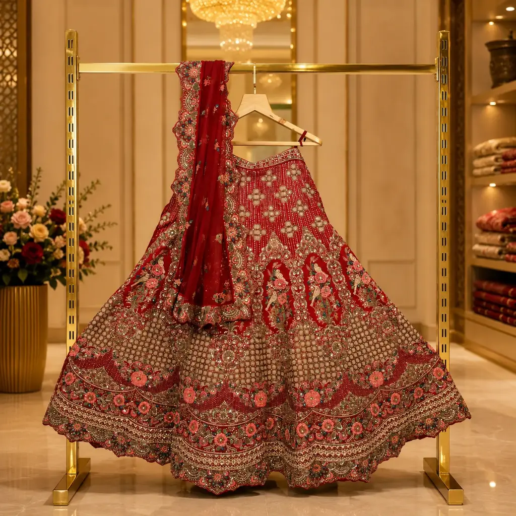 Women's Maroon Bridal Lehenga Choli with Heavy Embroidery and Net Dupatta
