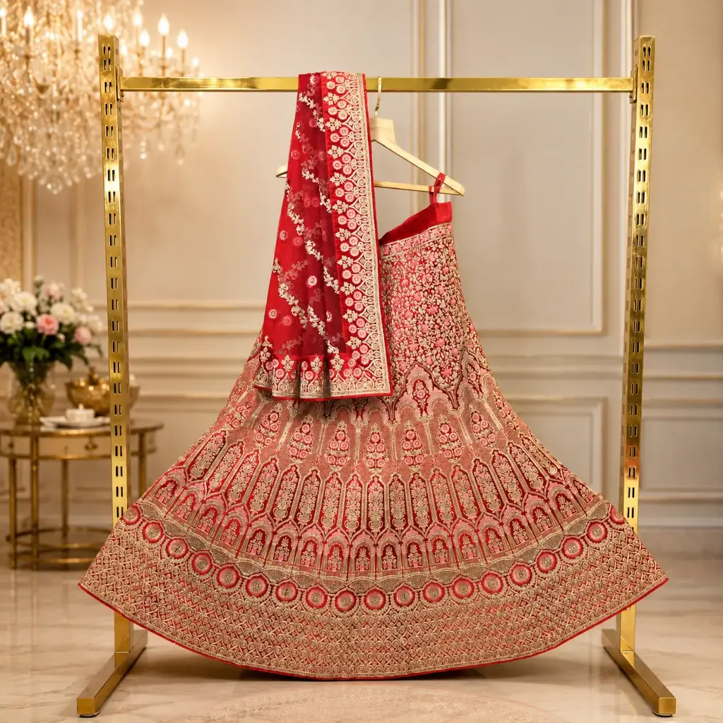 Women's Red Bridal Lehenga Choli with Rich Gold Embroidery and Matching Dupatta