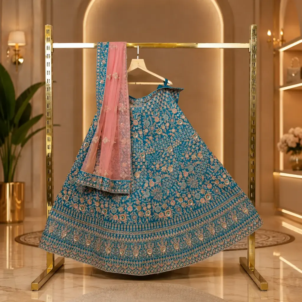 Women's Teal Lehenga Choli with Floral Embroidery and Peach Net Dupatta