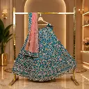 Women's Teal Lehenga Choli with Floral Embroidery and Peach Net Dupatta