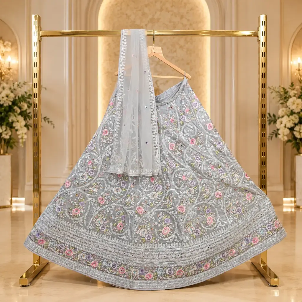Women's Silver Grey Lehenga Choli with Floral Embroidery and Matching Dupatta