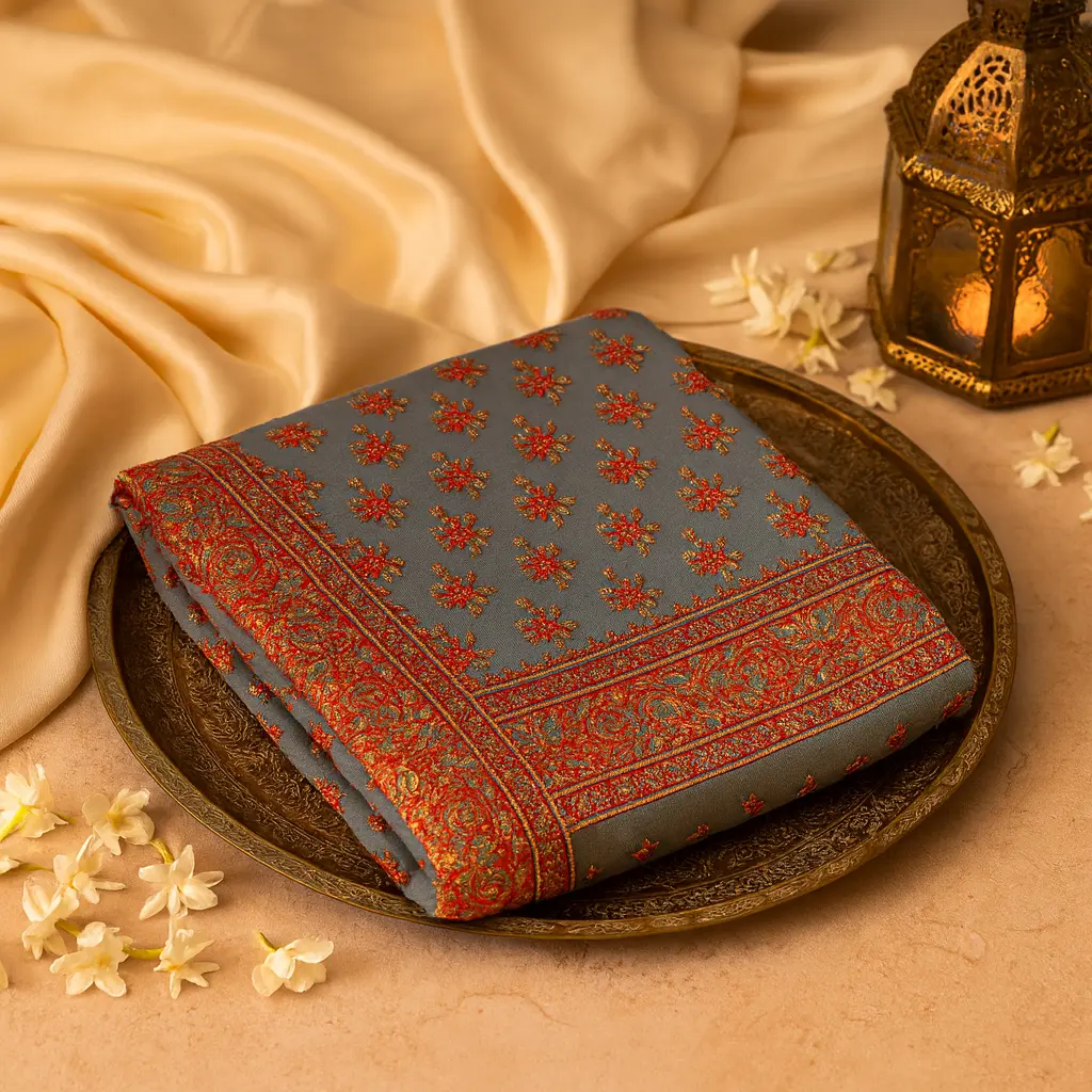 Elegant Grey Embroidered Designer Saree with Floral Motifs