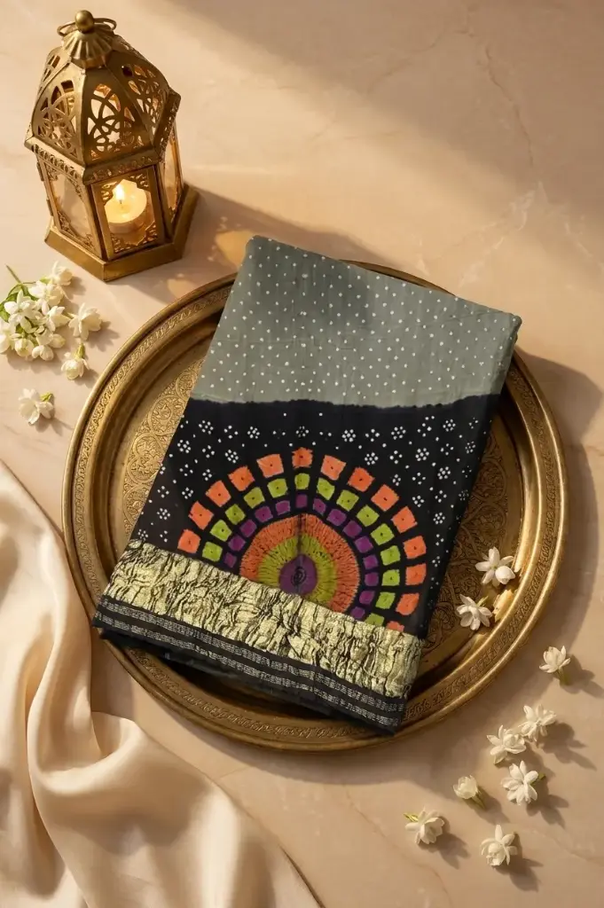 Dual Tone Black and Grey Bandhani Shibori Silk Saree 