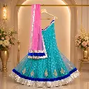 Women's Turquoise Lehenga Choli with Silver Border, Blue Accents and Pink Dupatta