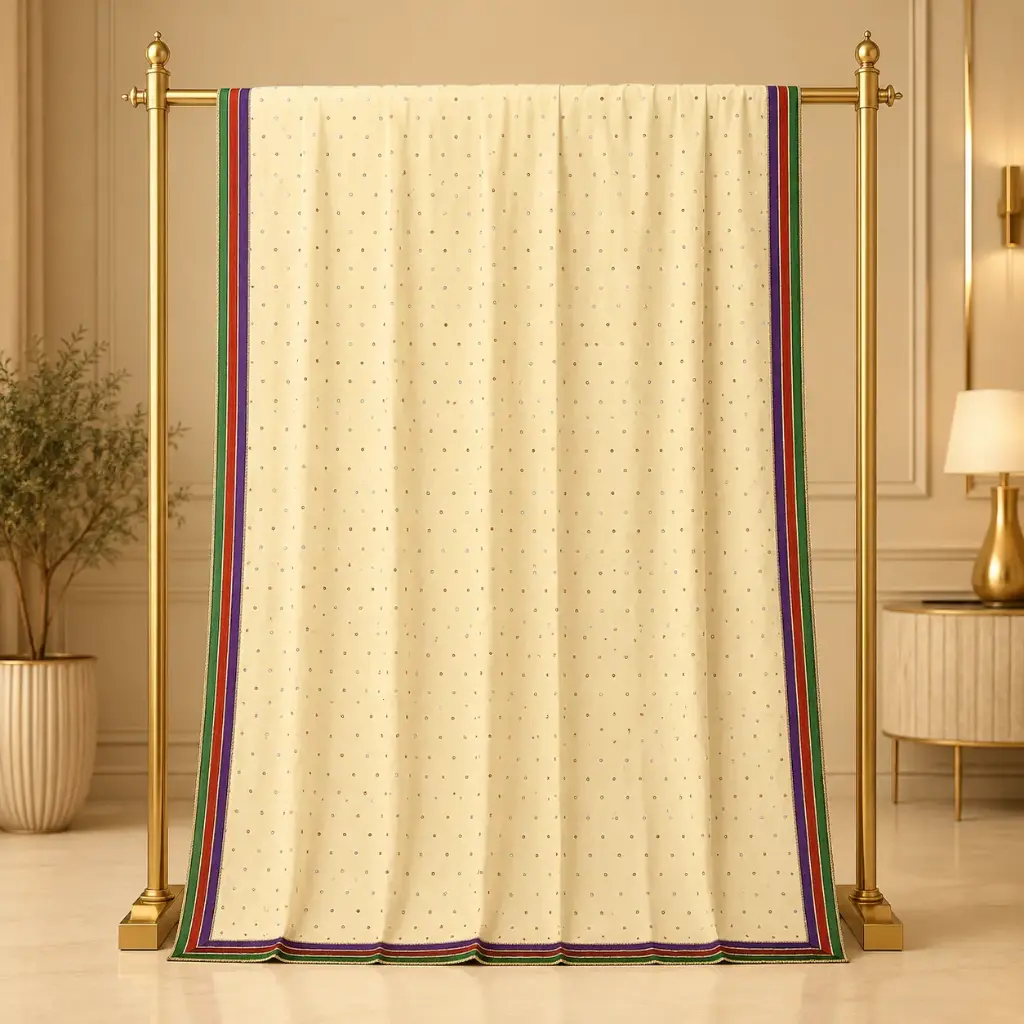 Women's Ivory Saree with Multicolor Sequin Dots and Green Purple Border