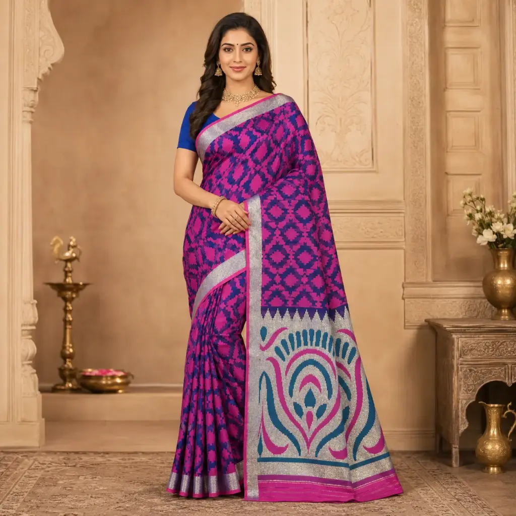 Royal Blue Magenta Woven Saree for Women with Silver Zari Border