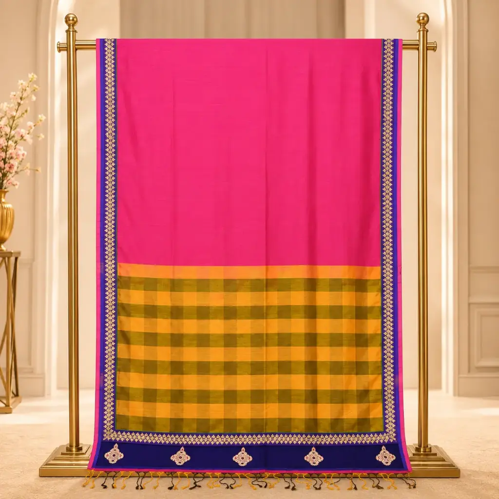 Women's Rani Pink Saree with Mustard Checked Pallu and Navy Embroidered Border 