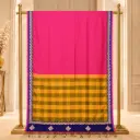 Women's Rani Pink Saree with Mustard Checked Pallu and Navy Embroidered Border 