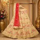 Women's Cream Floral Embroidered Lehenga Choli with Coral Dupatta