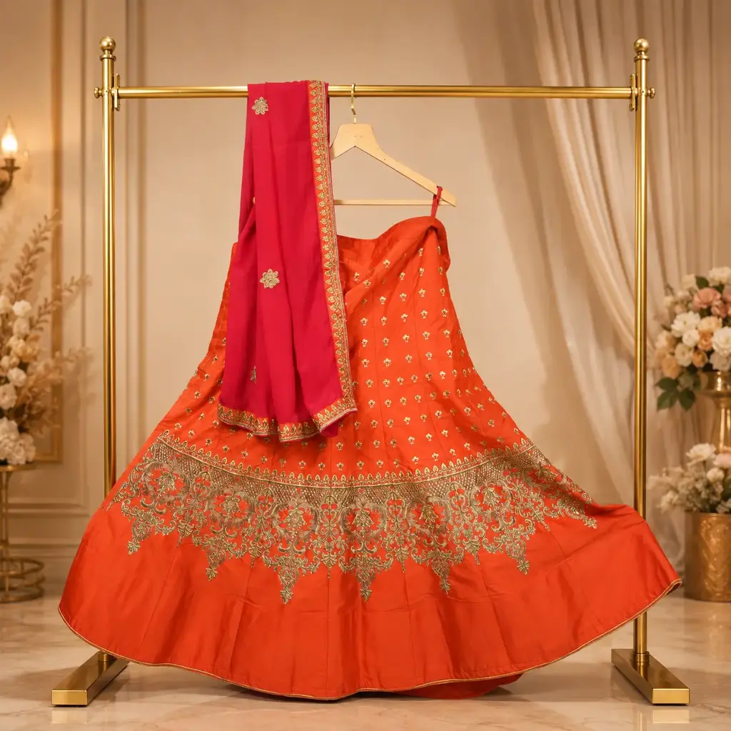 Women's Orange Lehenga Choli with Gold Embroidery and Pink Dupatta