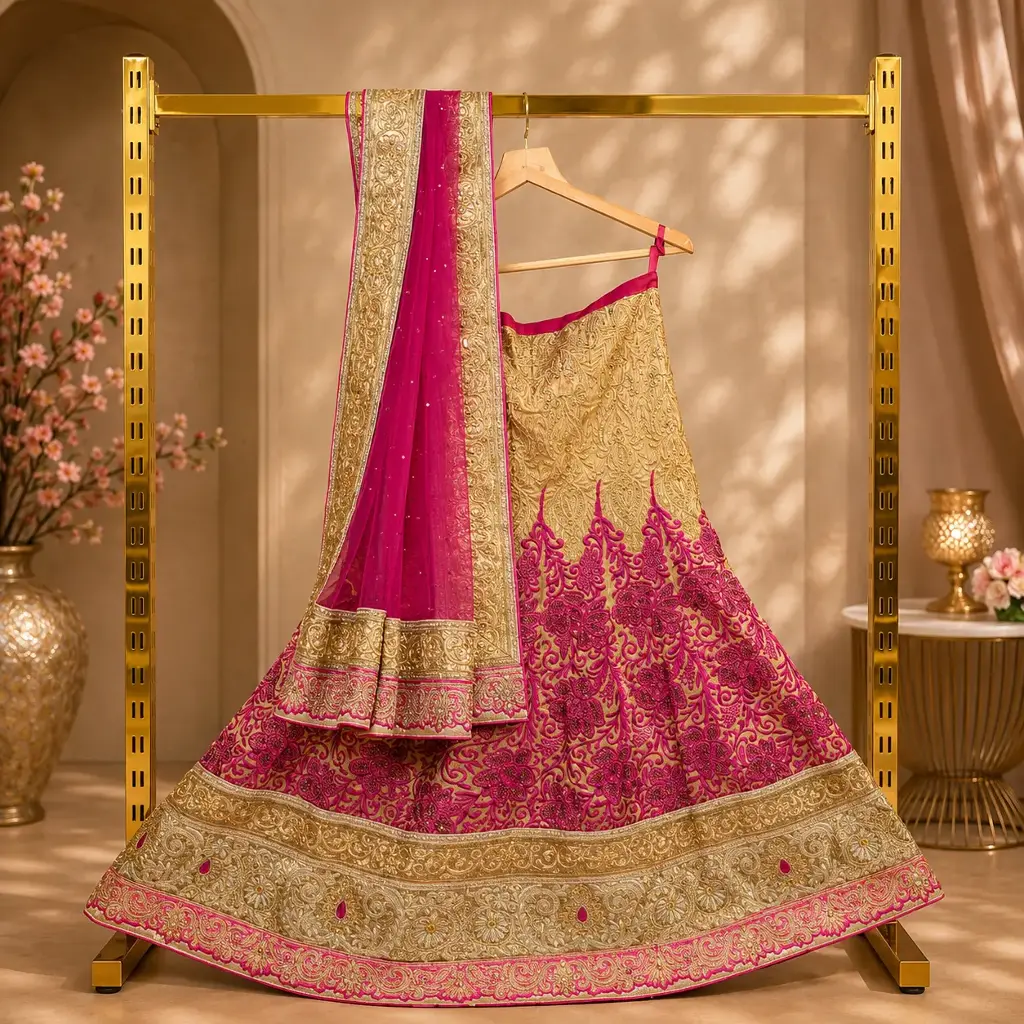 Women's Gold Lehenga Choli with Magenta Floral Embroidery and Net Dupatta