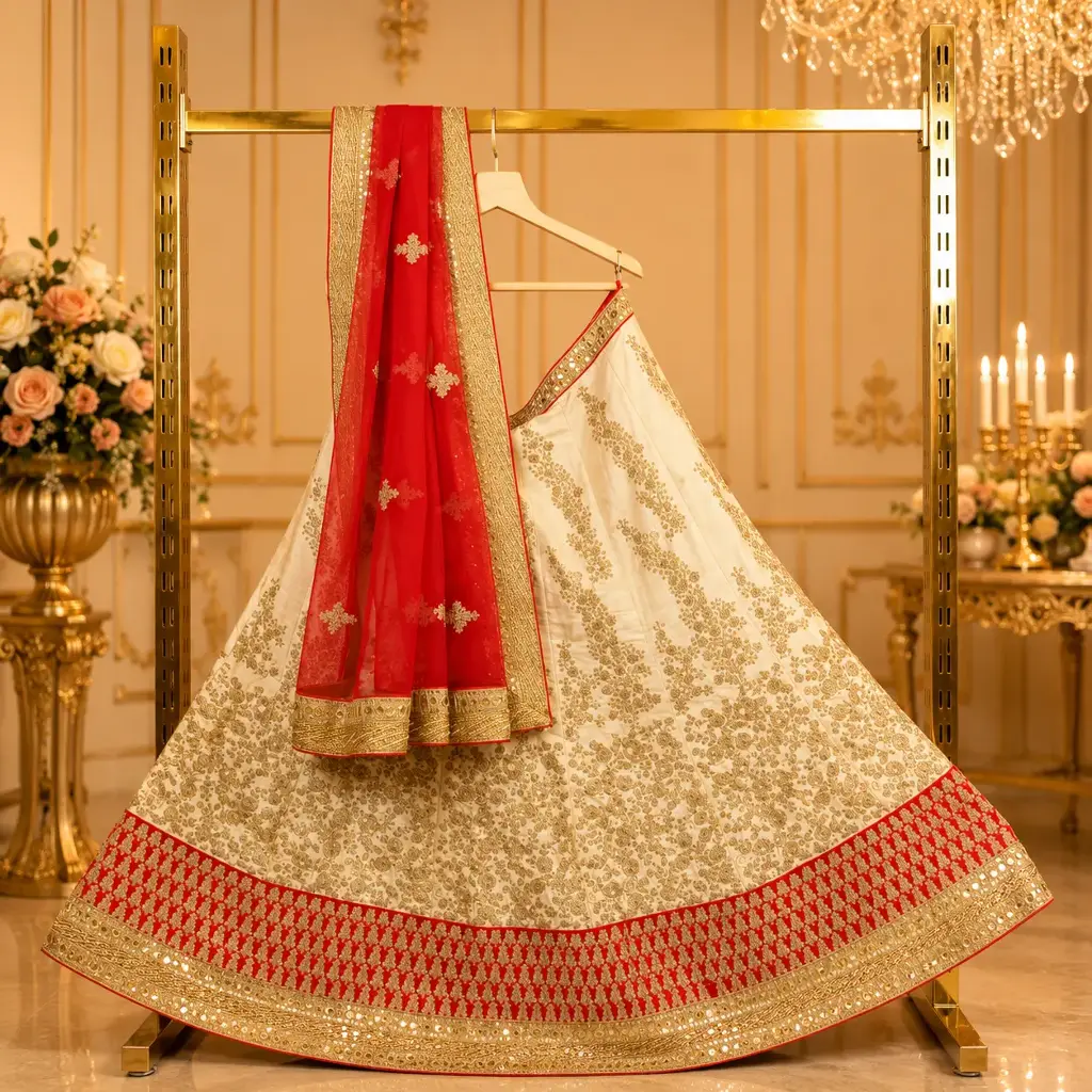 Women's Ivory Gold Embroidered Lehenga Choli with Red Net Dupatta
