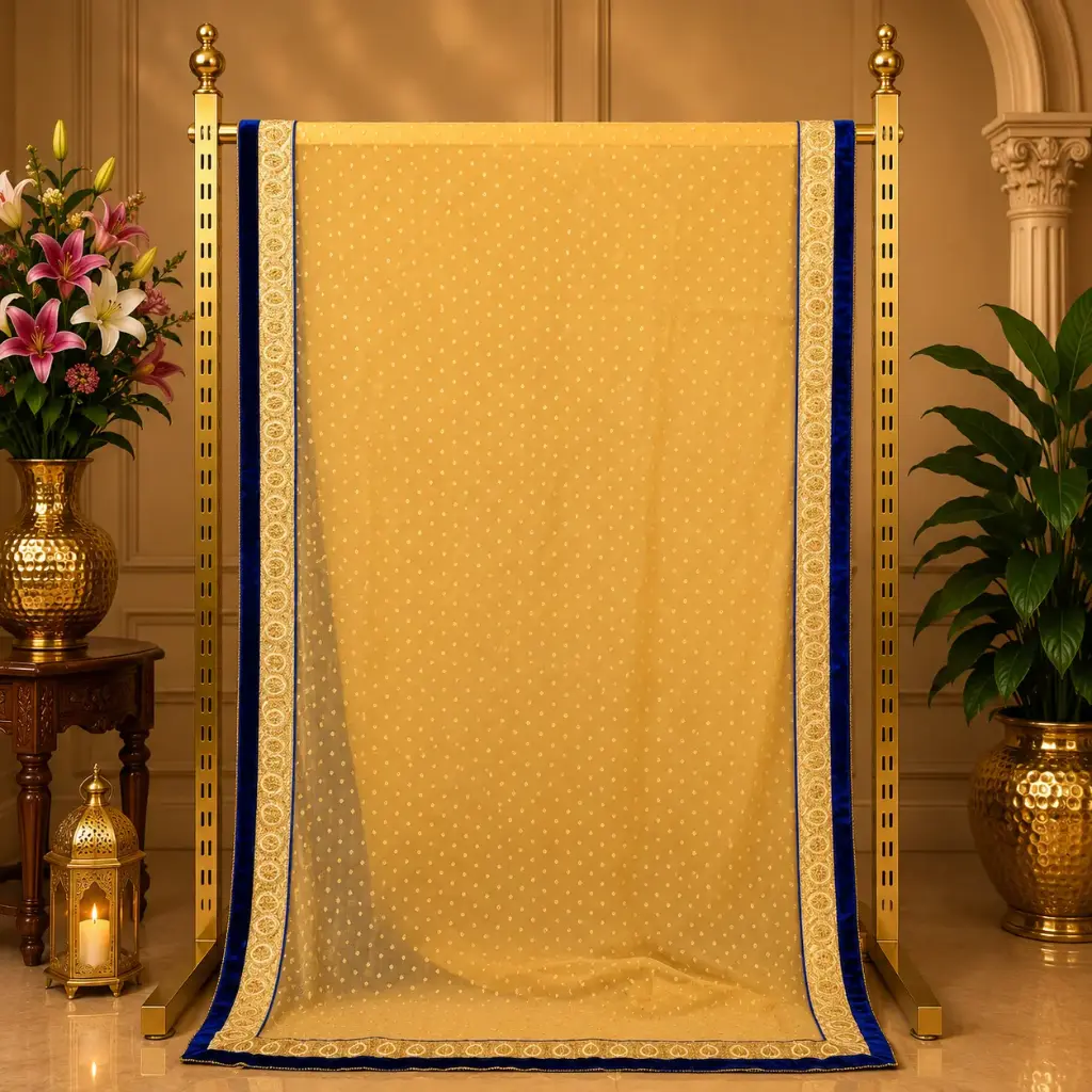 Women's Cream Saree with Golden Dots and Navy Blue Embroidered Border