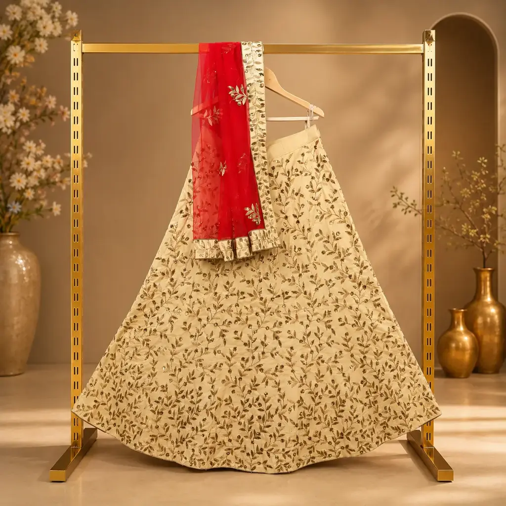 Women's Ivory Lehenga Choli with Golden Leaf Embroidery and Red Net Dupatta