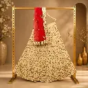 Women's Ivory Lehenga Choli with Golden Leaf Embroidery and Red Net Dupatta