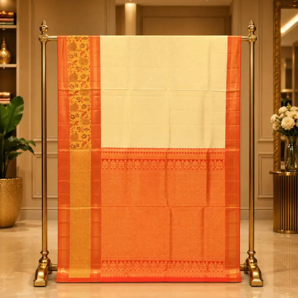 Elegant Ivory Woven Saree with Orange Floral Border and Ornate Pallu