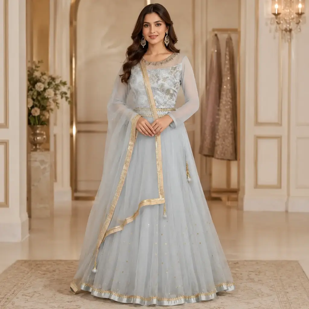 Women's Powder Blue Embroidered Lehenga Choli with Net Dupatta