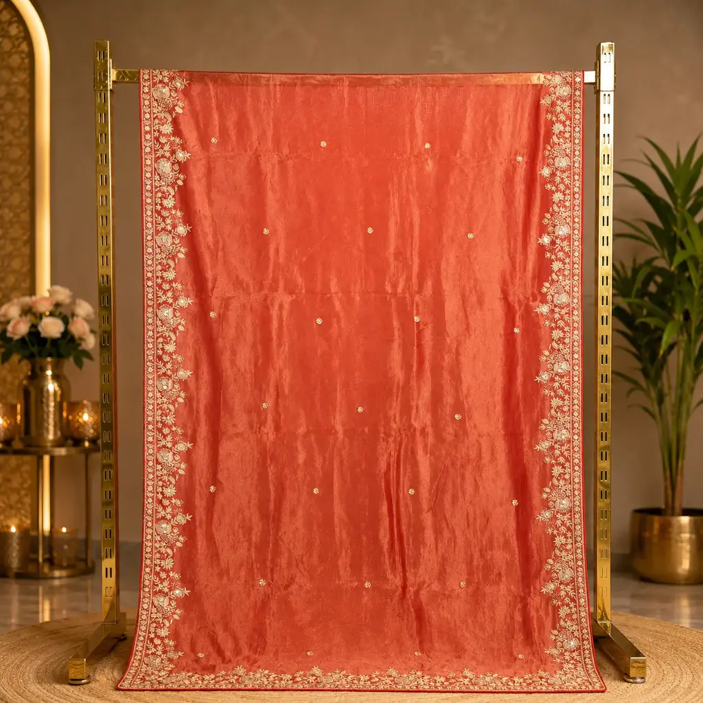 Women's Coral Peach Designer Saree with Floral Embroidered Border
