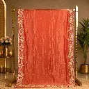 Women's Coral Peach Designer Saree with Floral Embroidered Border