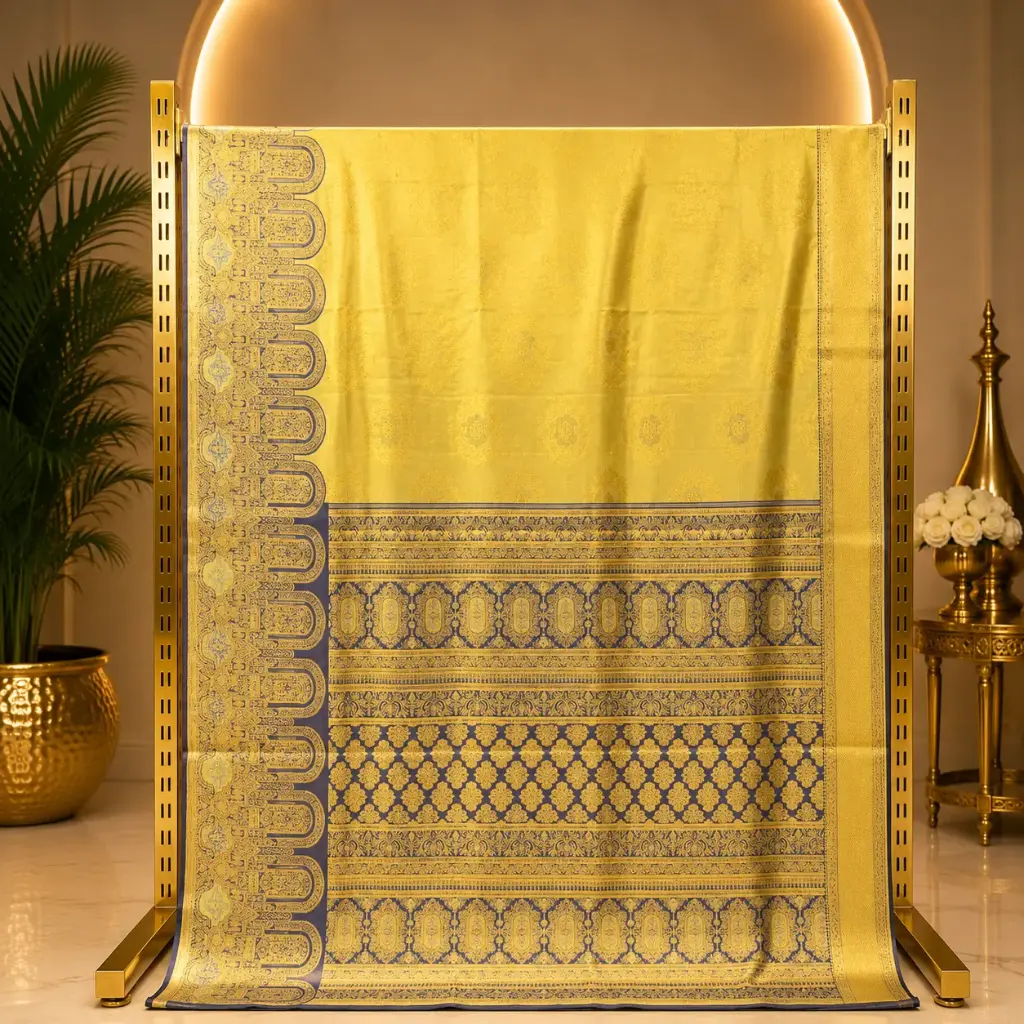 Elegant Lemon Yellow Woven Saree with Navy Blue Border and Ornate Pallu