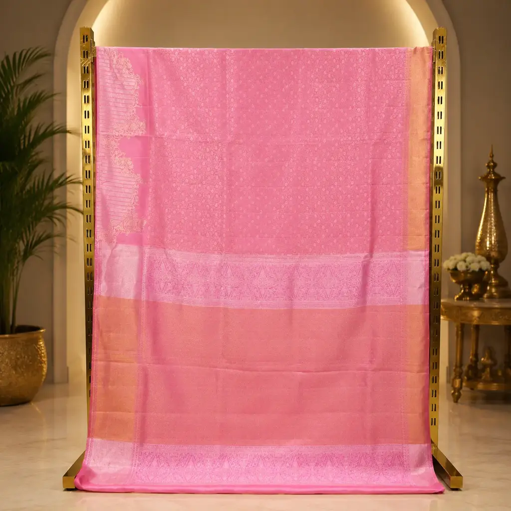 Elegant Pink Woven Saree with Golden Floral Motifs and Broad Pallu