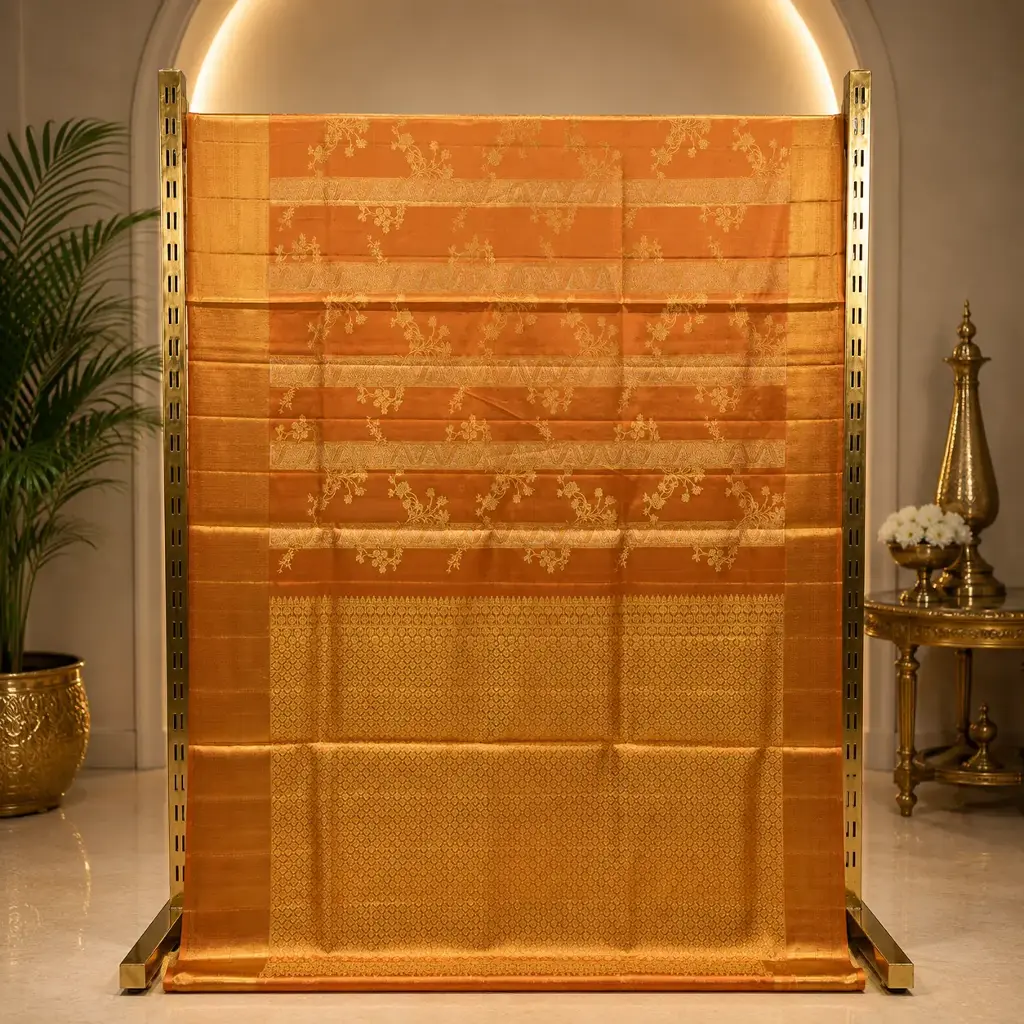 Elegant Copper Gold Woven Saree with Floral Vine Design and Ornate Pallu