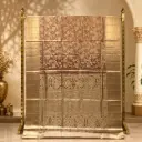 Elegant Taupe Gold Woven Saree with Pastel Floral Motifs and Ornate Pallu