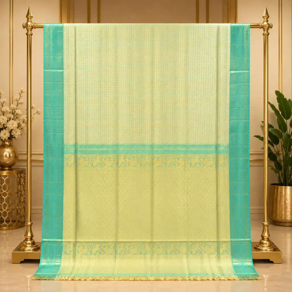 Elegant Mint Green Woven Saree with Gold Motifs and Ornate Pallu