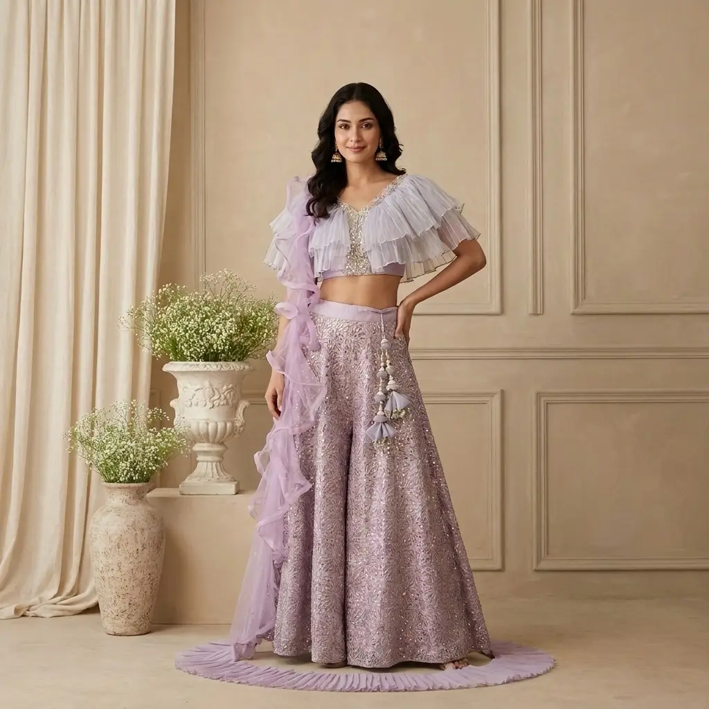 Lilac Tiered Ruffle Crop Top and Embroidered Skirt Set