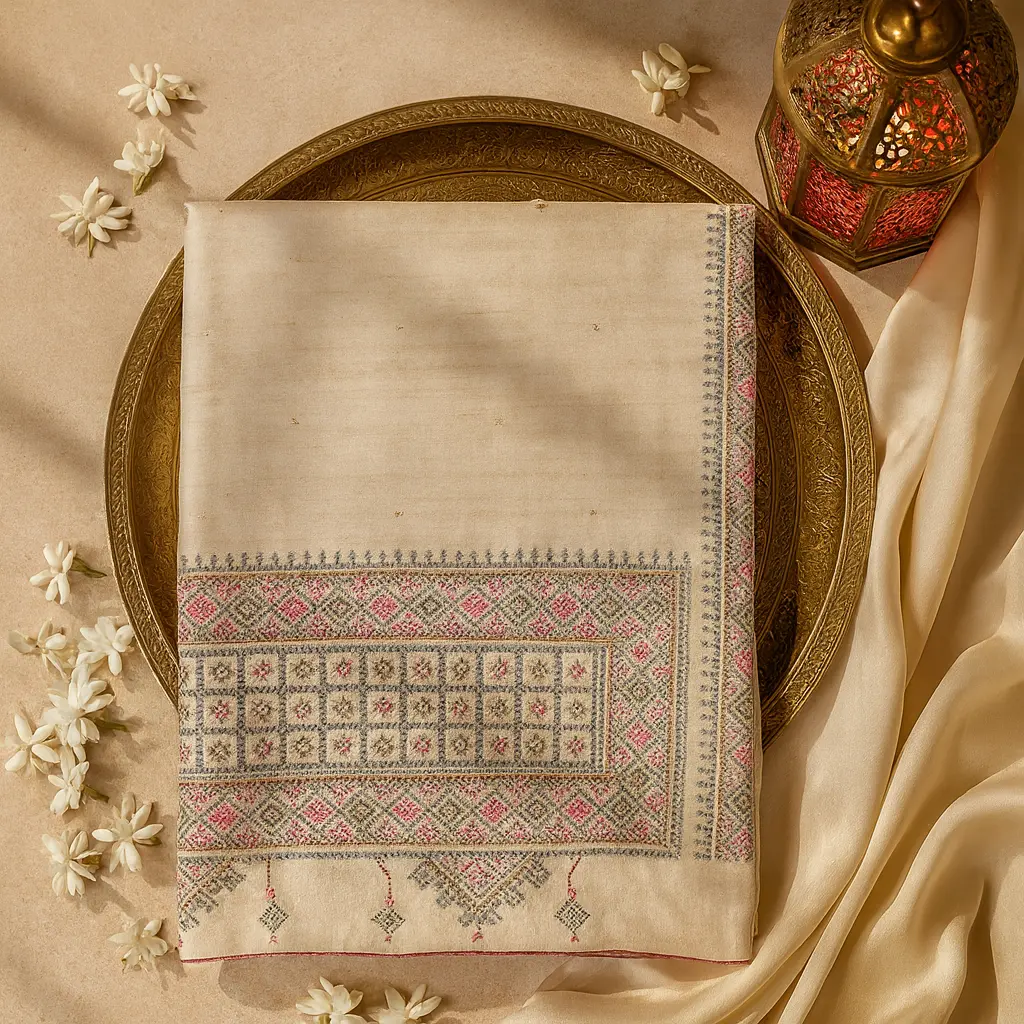 Off-White Raw Silk Saree with Multicolored Threadwork Embroidery