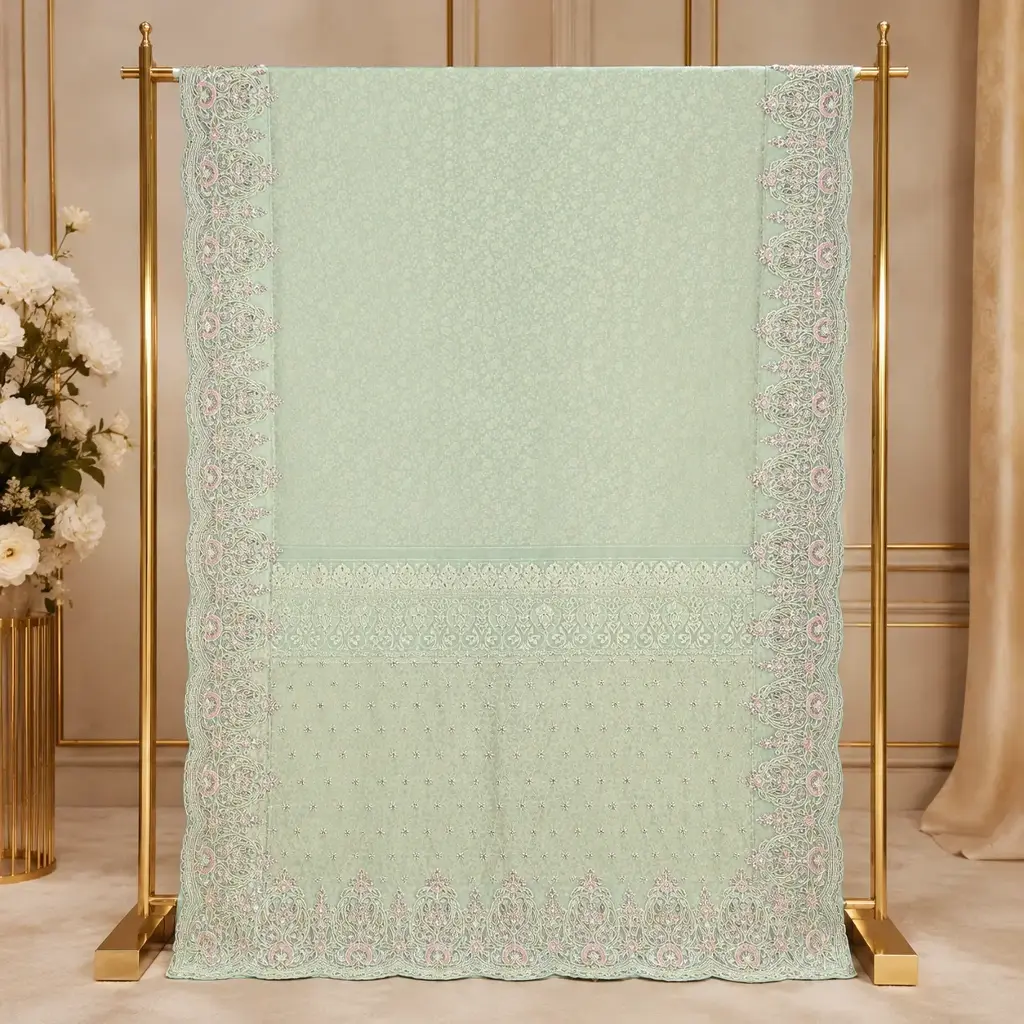 Mint Green Saree with Pastel Paisley Embroidery and Scalloped Border