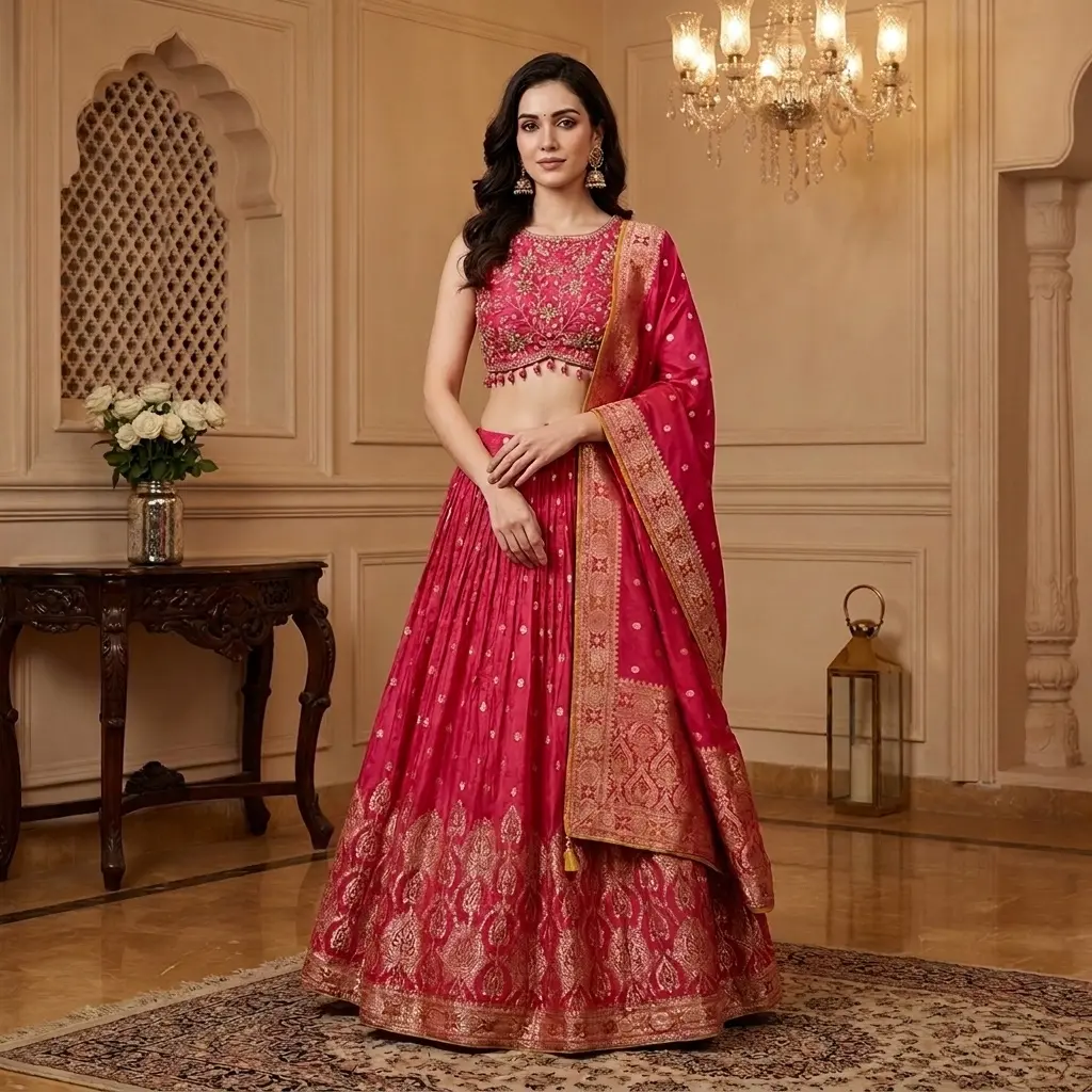 Rani Pink Banarasi Silk Embroidered Lehenga Choli Set