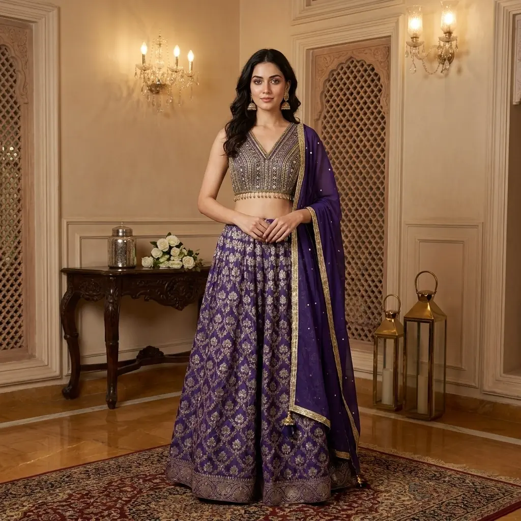 Royal Purple Embroidered Lehenga Choli Set with Dupatta