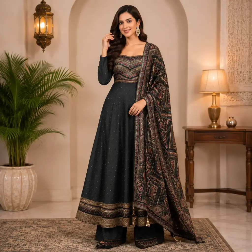 Women's Black Embroidered Anarkali Kurta Set with Straight Pants & Printed Dupatta
