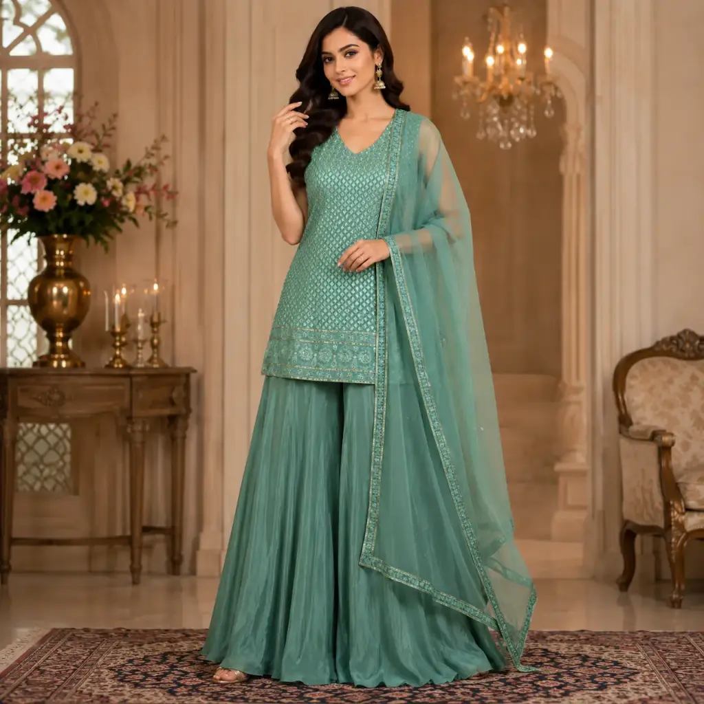Women's Sea Green Embroidered Palazzo Suit Set with Net Dupatta