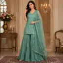 Women's Sea Green Embroidered Palazzo Suit Set with Net Dupatta