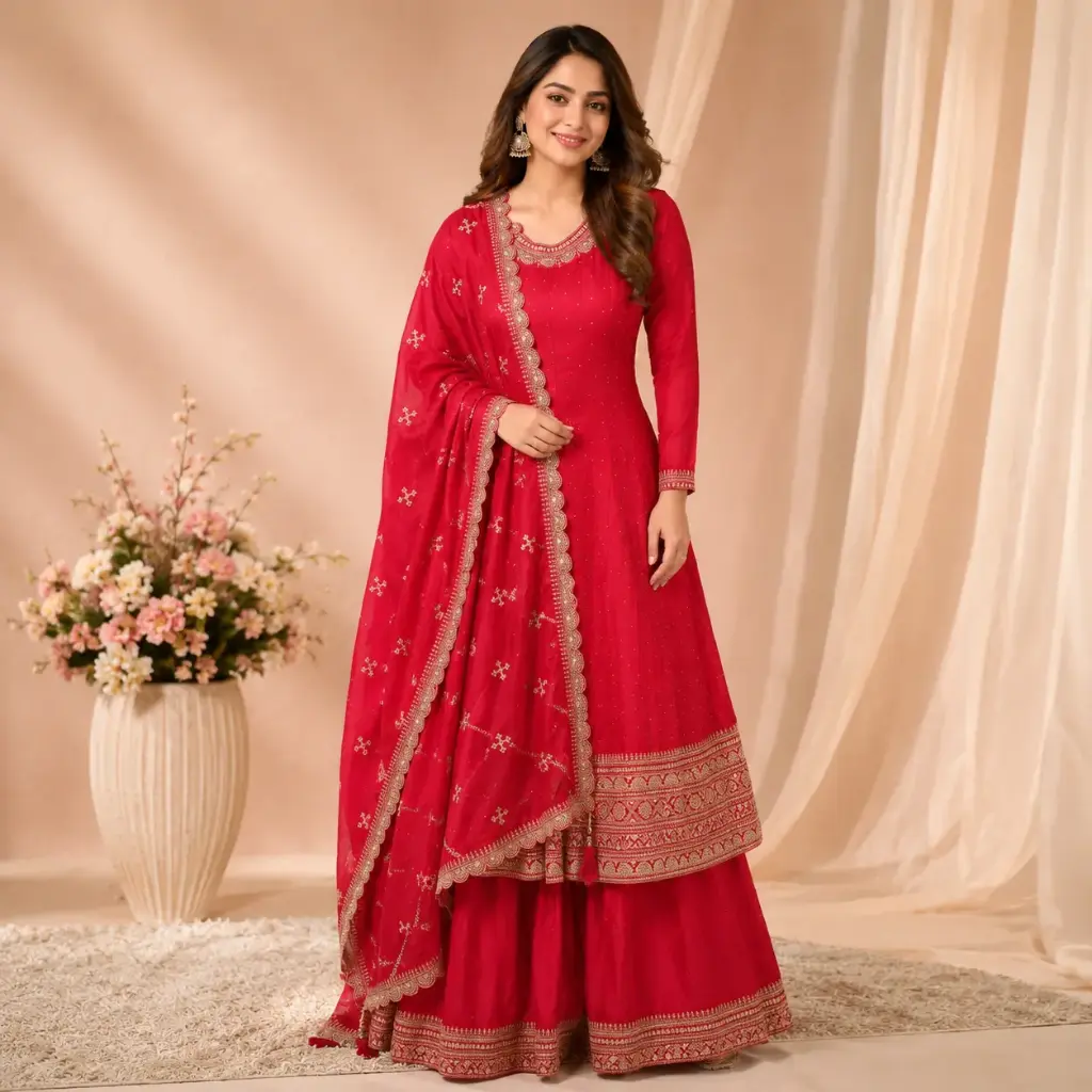 Women's Rani Pink Embroidered Anarkali Kurta Sharara Set with Dupatta
