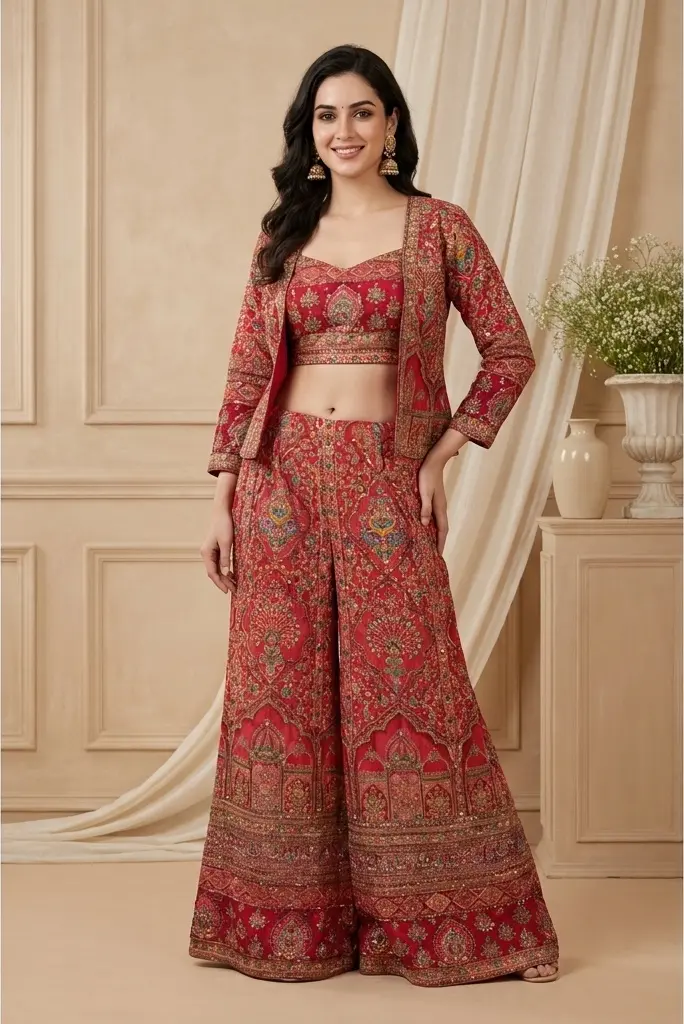 Red Embroidered Crop Top Sharara Set with Matching Jacket