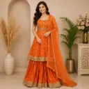 Women's Orange Bandhani Sharara Set with Embroidered Kurti & Dupatta