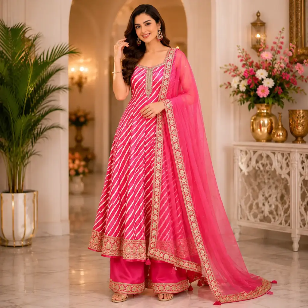 Women's Pink Leheriya Anarkali Kurta Set with Straight Pants & Net Dupatta