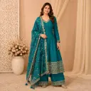 Women's Teal Blue Embroidered Anarkali Kurta Palazzo Set with Dupatta