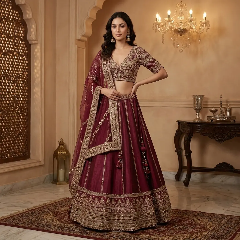 Wine Silk Zari Embroidered Bridal Lehenga Choli Set
