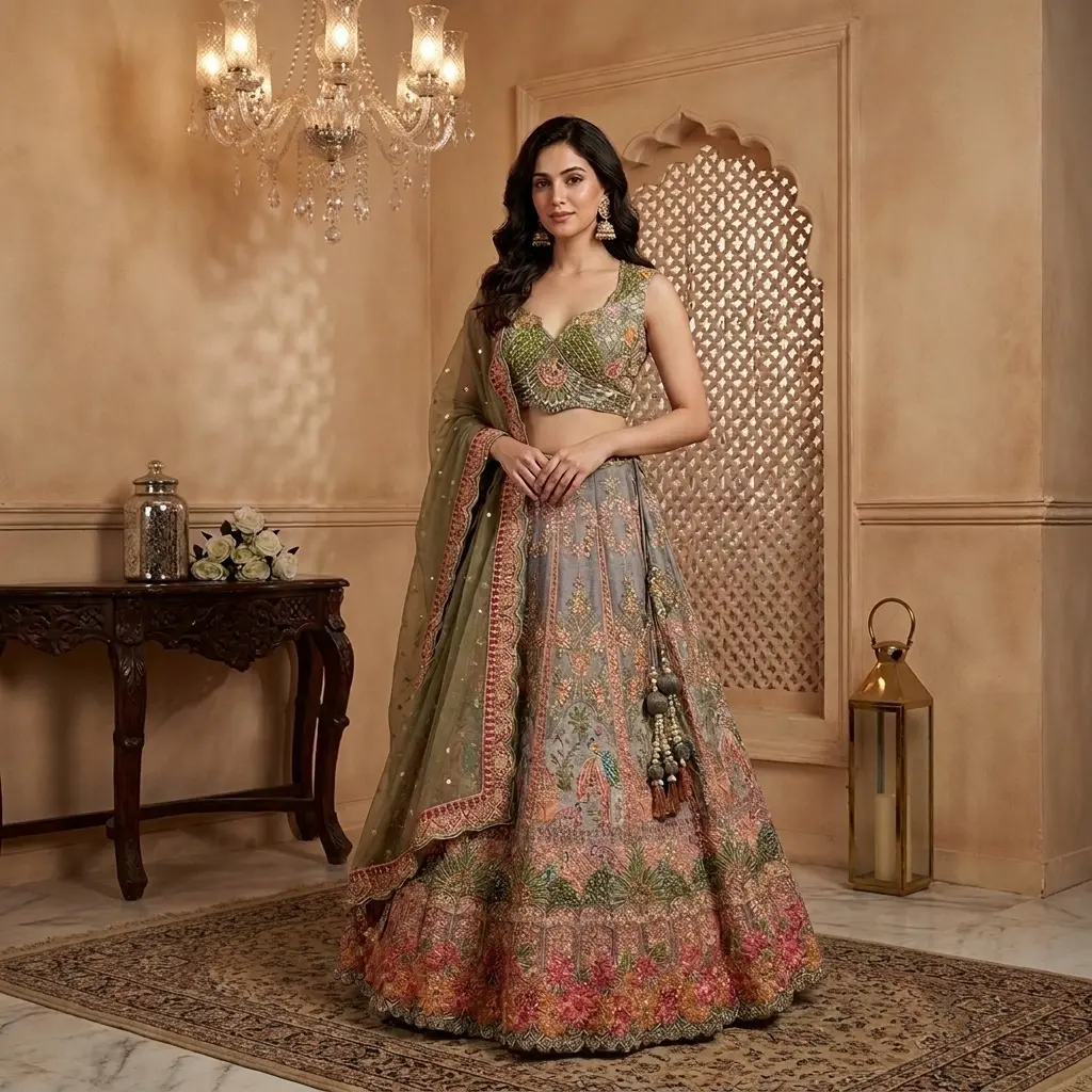 Slate Grey Hand-Embroidered Silk Bridal Lehenga Choli Set