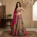 Rani Pink and Green Hand-Embroidered Silk Lehenga Choli Set