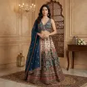 Cream and Peacock Blue Embroidered Silk Bridal Lehenga Choli Set