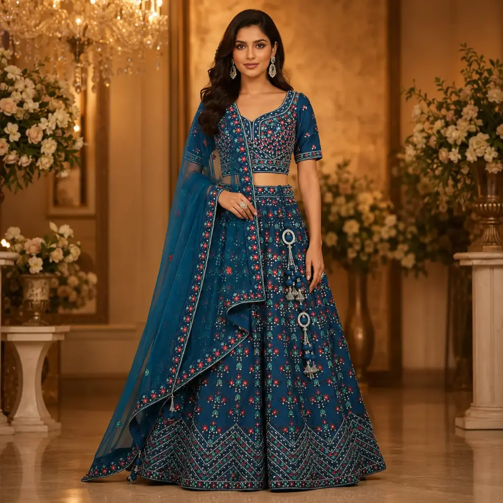 Women's Teal Blue Floral Lehenga Choli with Net Dupatta for Wedding Reception and Festive Party Wear